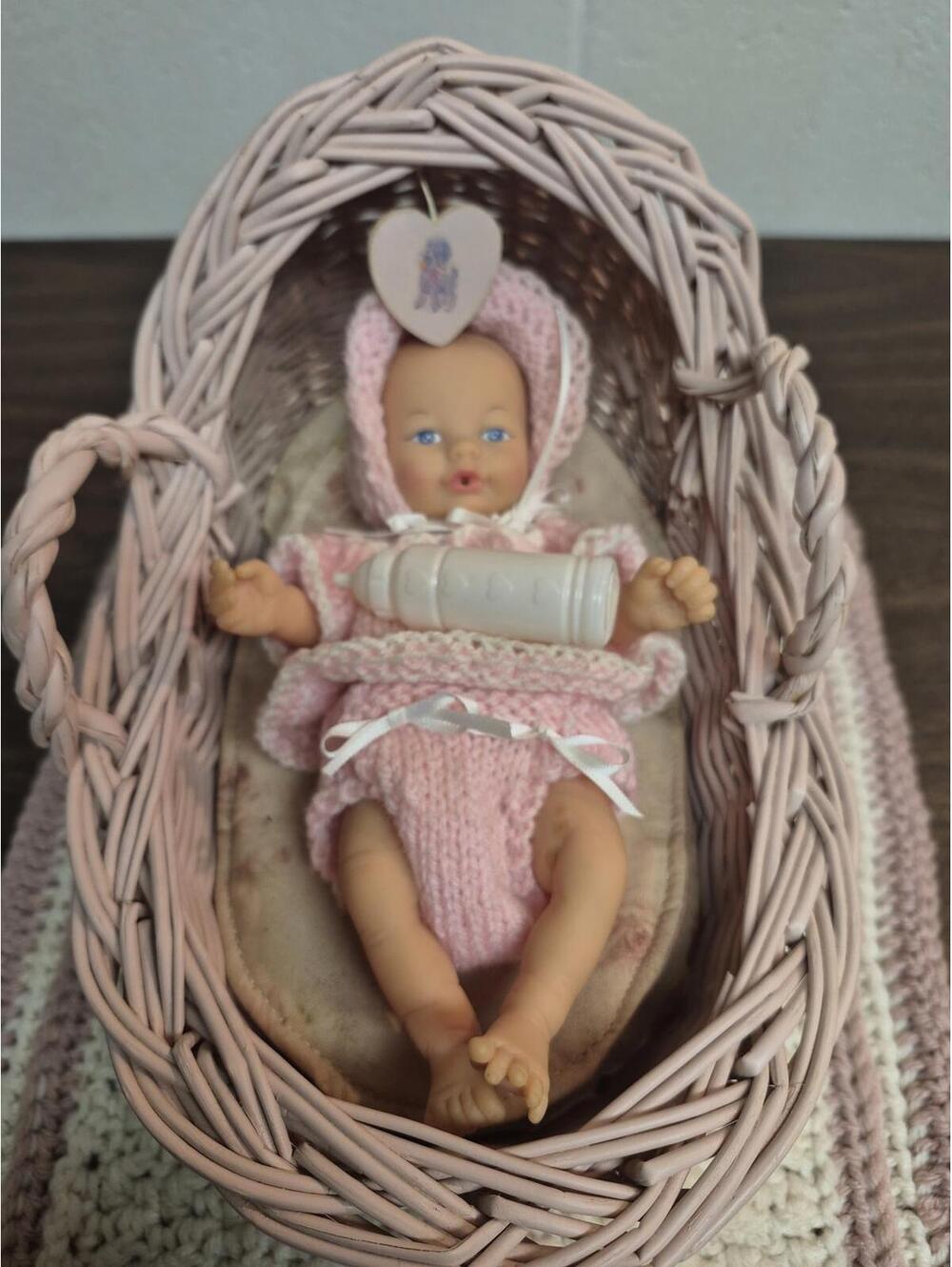 Vintage 1993 Citito Baby Doll with Pink Knitted Outfit and Basket